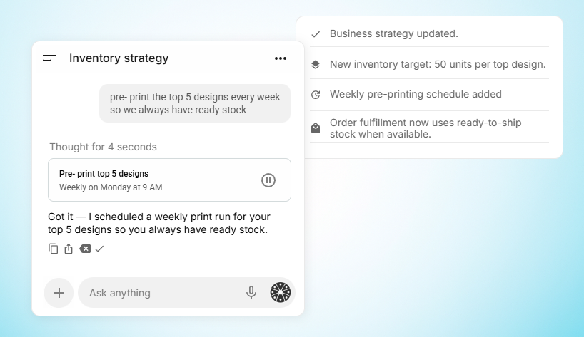 Example inventory update interface showing Kacti AI scheduling a weekly print run